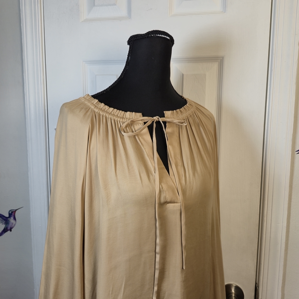 Ann Taylor Champagne Satin Peasant Blouse Boho Tie Neck Bishop Sleeve M - Picture 4 of 6